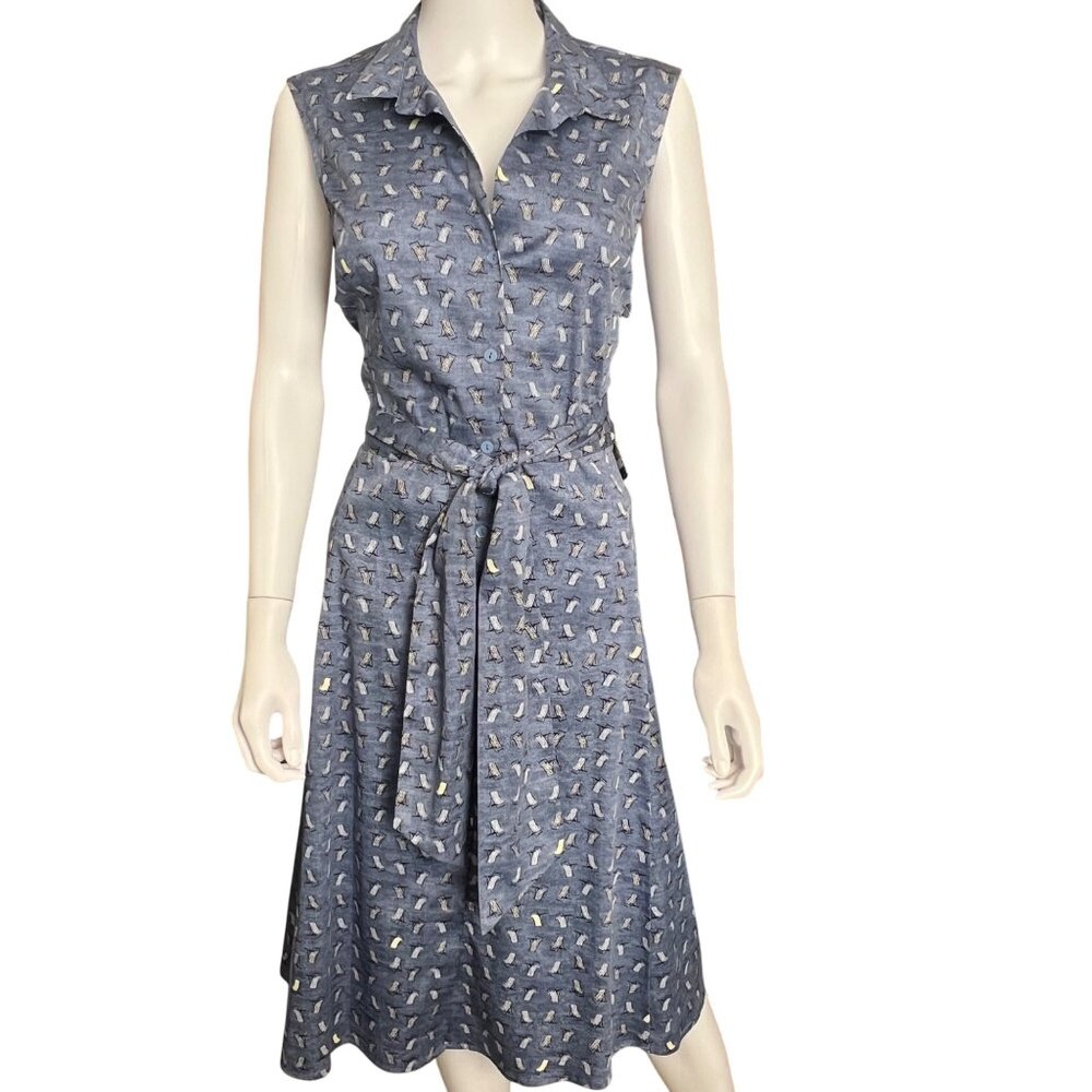 Nic + Zoe Blue Sleeveless A-Line Dress With Tie Waist & Deck Chair Print Size PL